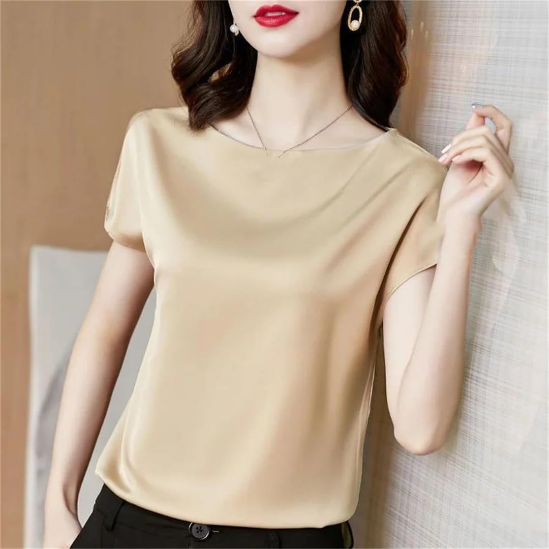 Camicette da donna in tinta unita, casual, ampie, da ufficio, da donna, estive, a maniche corte, con scollo rotondo, in raso