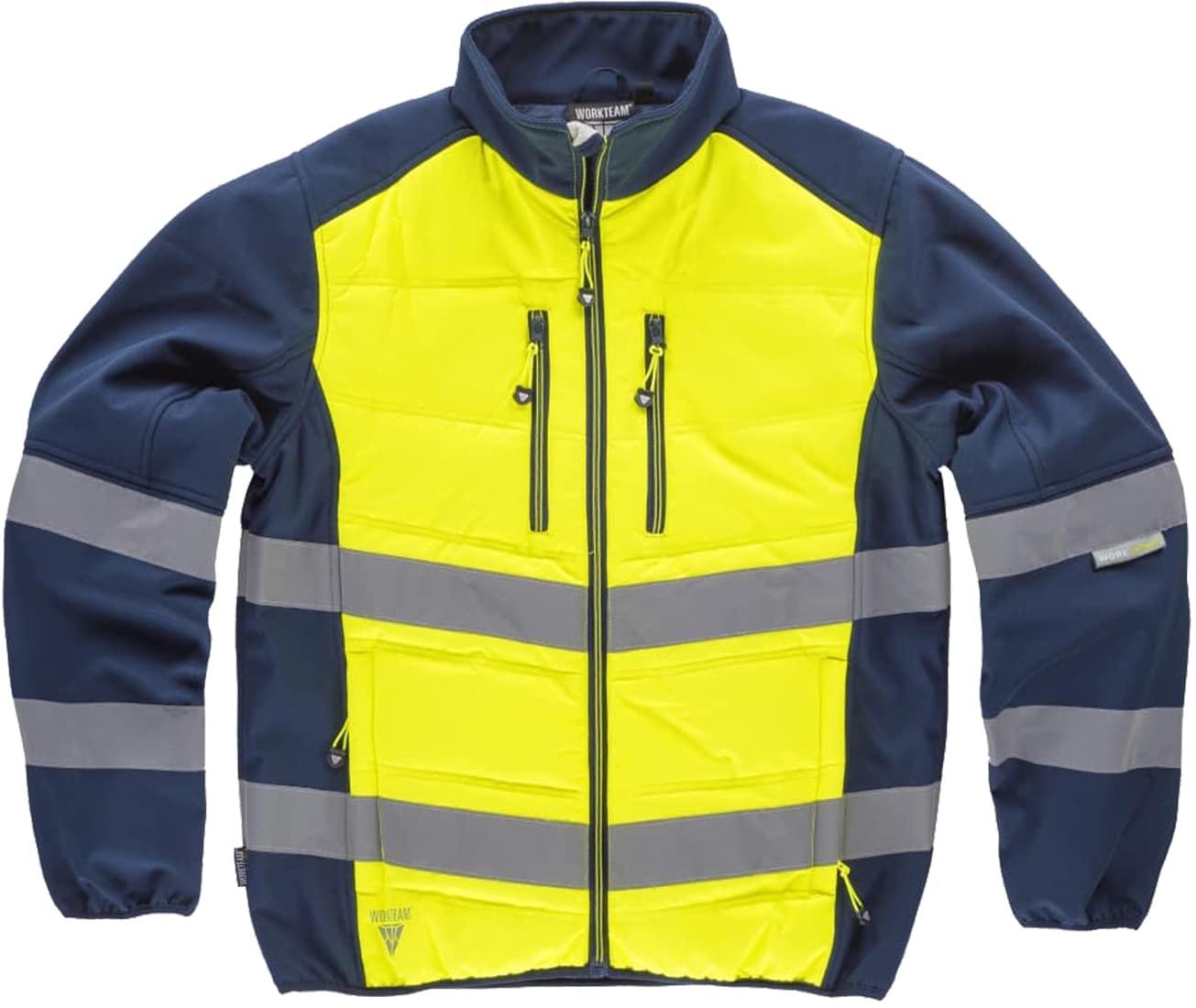 WORKTEAM Cazadora Workshell combinada con Acolchado de Alta Visibilidad y Cintas Reflectantes Inclinadas. Unisex Marino+Amarillo
