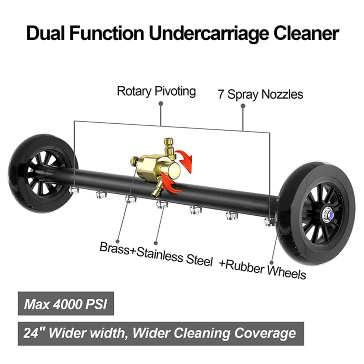 Scopa ad acqua per pulizia sottocarro, 2 in 1, 61 cm, lavapavimenti regolabile, efficiente strumento di lavaggio auto a 4000 psi