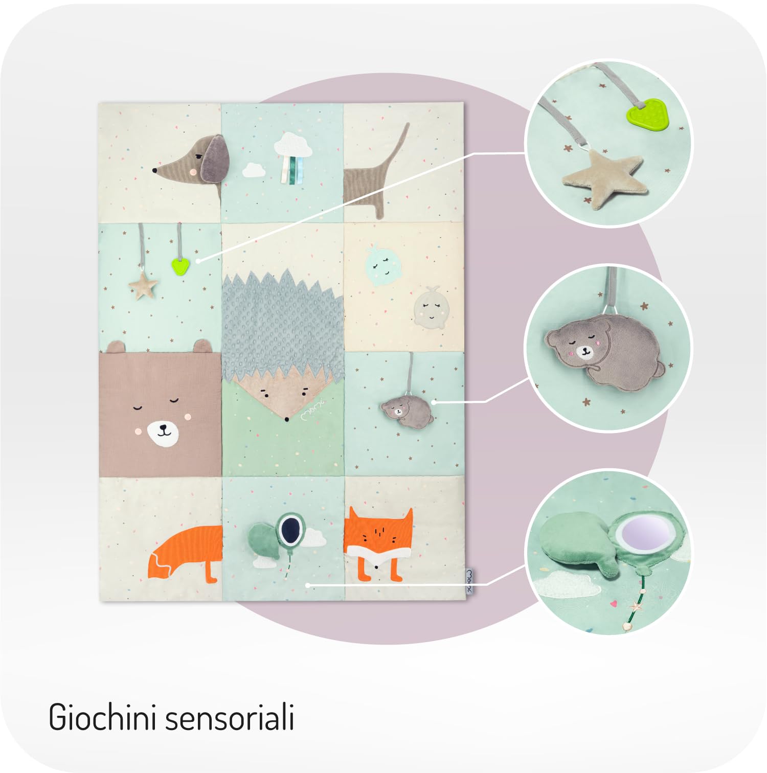 Momi VOLPI Palestrina sensoriale per neonati e bambini piccoli 120 x 160 cm, tappetino da gioco e coperta per gattonare per bambine e bambini, pieghevole a forma di borsa con maniglie per il trasporto