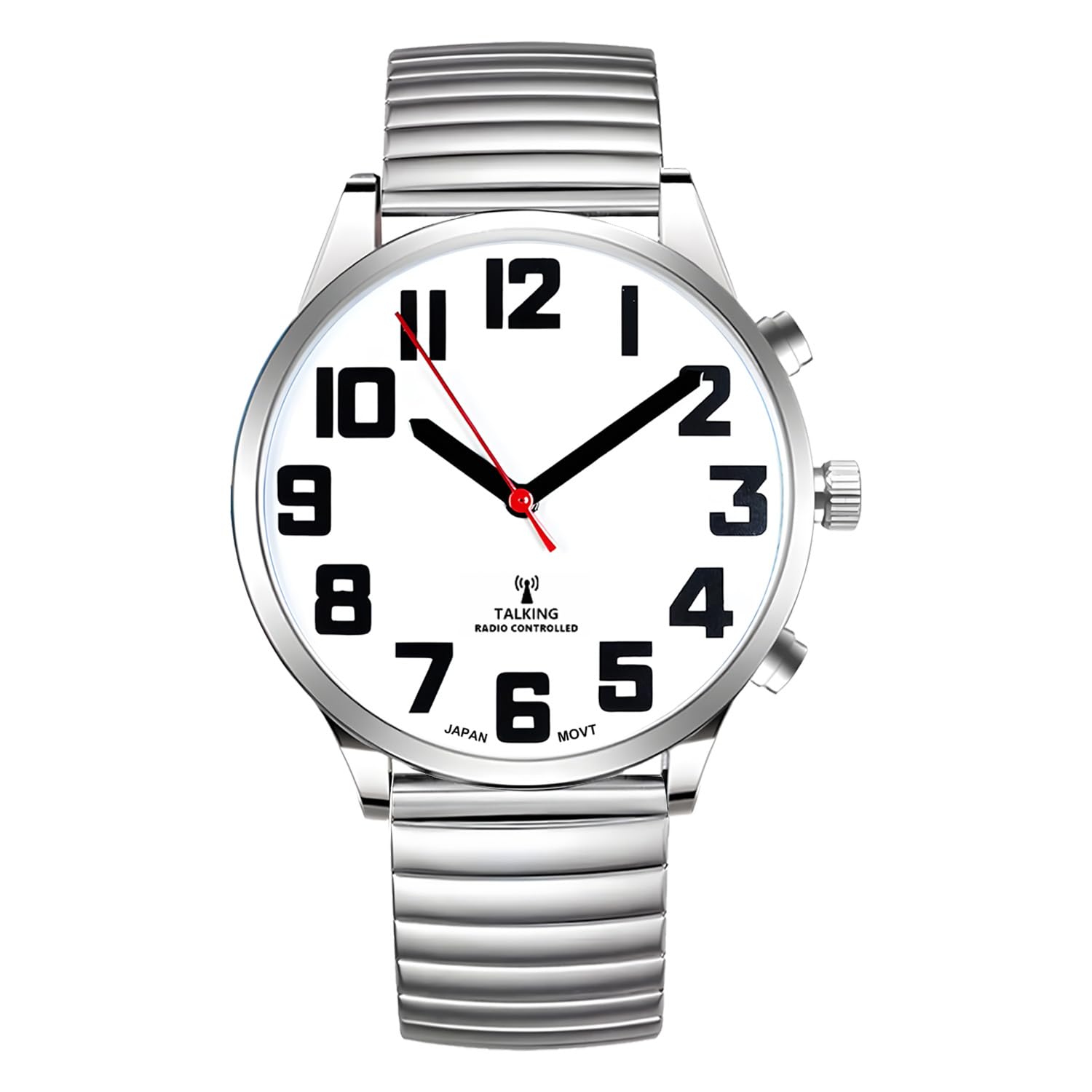 RUNCAR Atomic American English Talking Watch Speaks Clear and Loud Time, Date and Alarm time Stretch Band is Best Gift for Senior,Visually impaired, or Blind People (Silver)