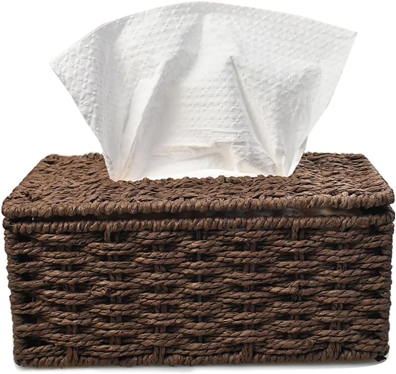 Decorative Woven Rectangle Tissue Box Holder with Easy Flip-Open Top, Bathroom Decor Facial Tissues Cover with Sturdy Paper Rope Material (Coffce Small)