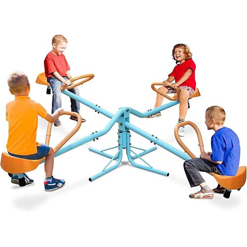 360 Degree Rotation Seesaw Swivel Teeter-Totter, 2/3/4 Seats Sit and Spin Outdoor Playground Equipment for Kids, Toddlers, Boys, Children (Orange-4 Seats)