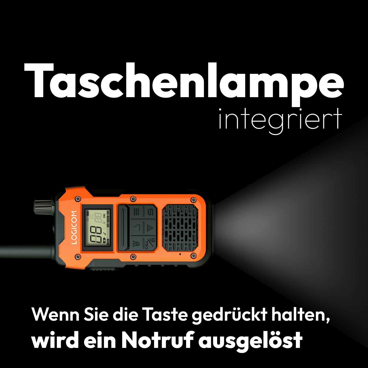 Logicom Extreme - Walkie-Talkie - PMR446 - Portata 10 km - Autonomia 36h - IP67-16 canali - Schermo LCD - USB-C Torcia - VOX Vivavoce - Audio Jack - Batteria 2000 mAh - Confezione da 2 radio
