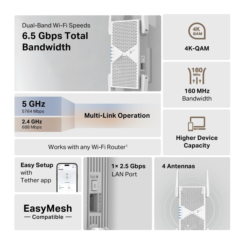 TP-Link RE405BE Wi-Fi 7 WLAN Verstärker Repeater(5764 Mbit/s 5GHz, 688 Mbit/s 2,4GHz, MLO, 2,5G-Port, EasyMesh, kompatibel mit Allen WLAN-Routern inkl. Fritzbox) | WLAN-Signalverstärker. Ethernet-Anschluss. EasyMesh kompatibel WPS-Taste für einfache Einri
