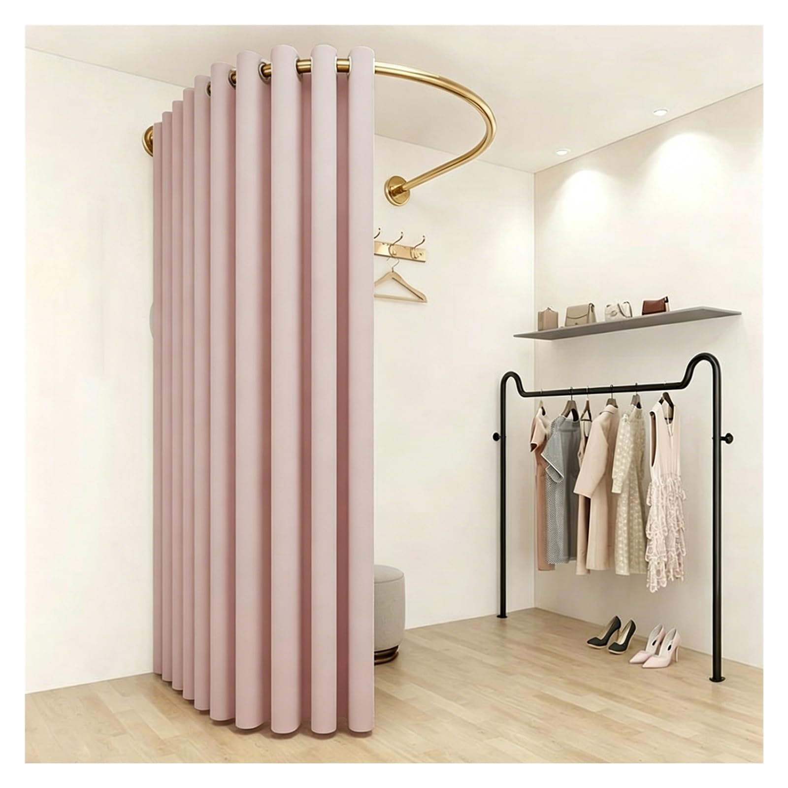 ZJKXJH Boutique Fitting Room Partition Curtain Rod, Wall Mount U Shaped Heavy Duty Curved Rail for Clothing Store, Privacy Partition Curtain Rod(With D Curtains,Gold Rod 140cm/55.1in)