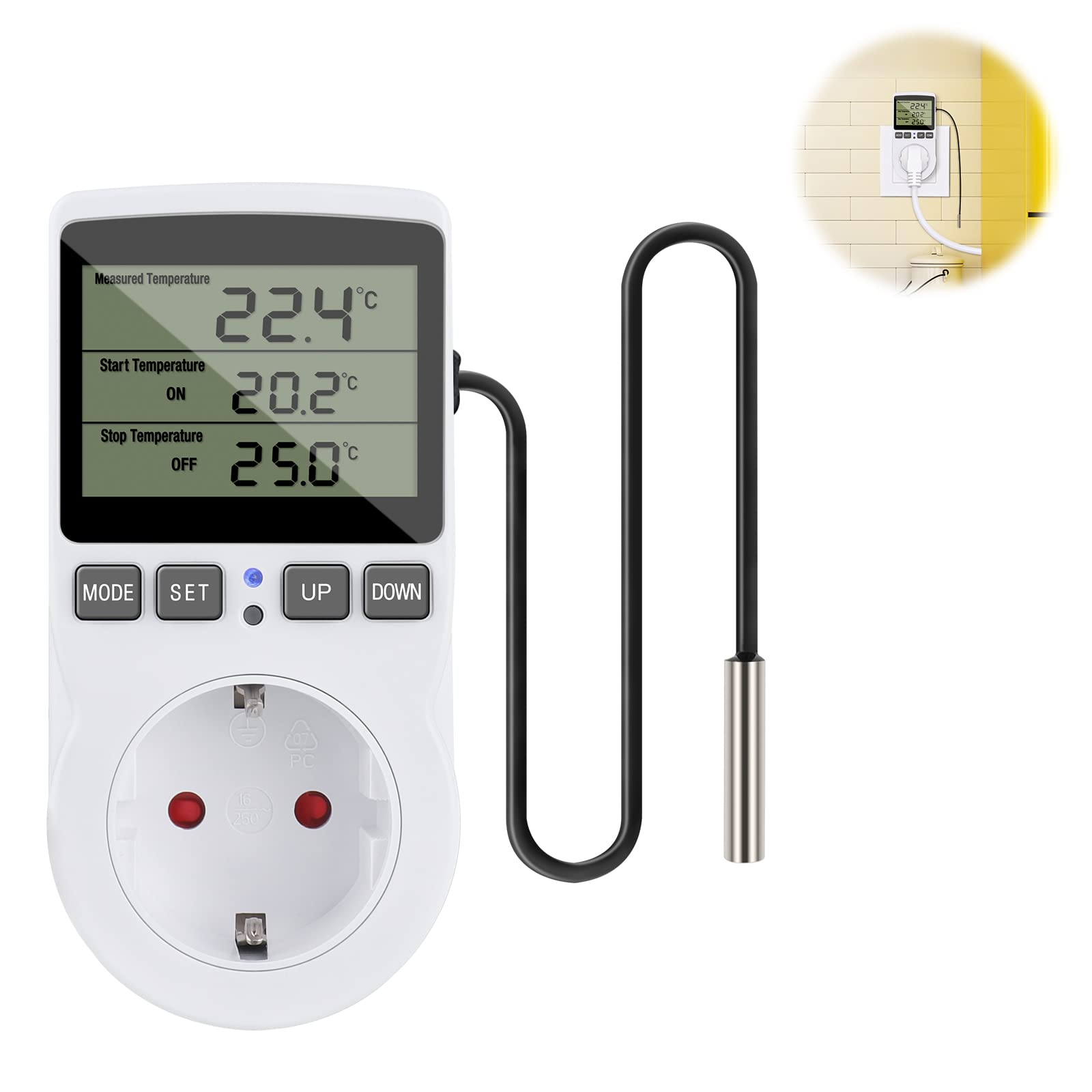 Termostato Digital, Enchufe de 230V 16A con Sensor, Temporizador Día y Noche para Invernadero, Calefacción, Refrigeración, Interruptor de Temperatura para Terrario