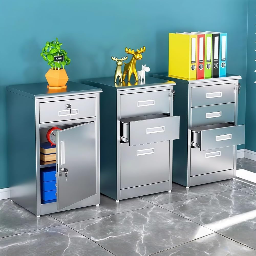 Stainless Steel Locking Storage Cabinet with Drawer, Metal File Cabinet with Adjustable Shelf, Lockable Under Desk Organizer for Office, Bedroom, Balcony & Home(17.3 * 15.7 * 29.5in)