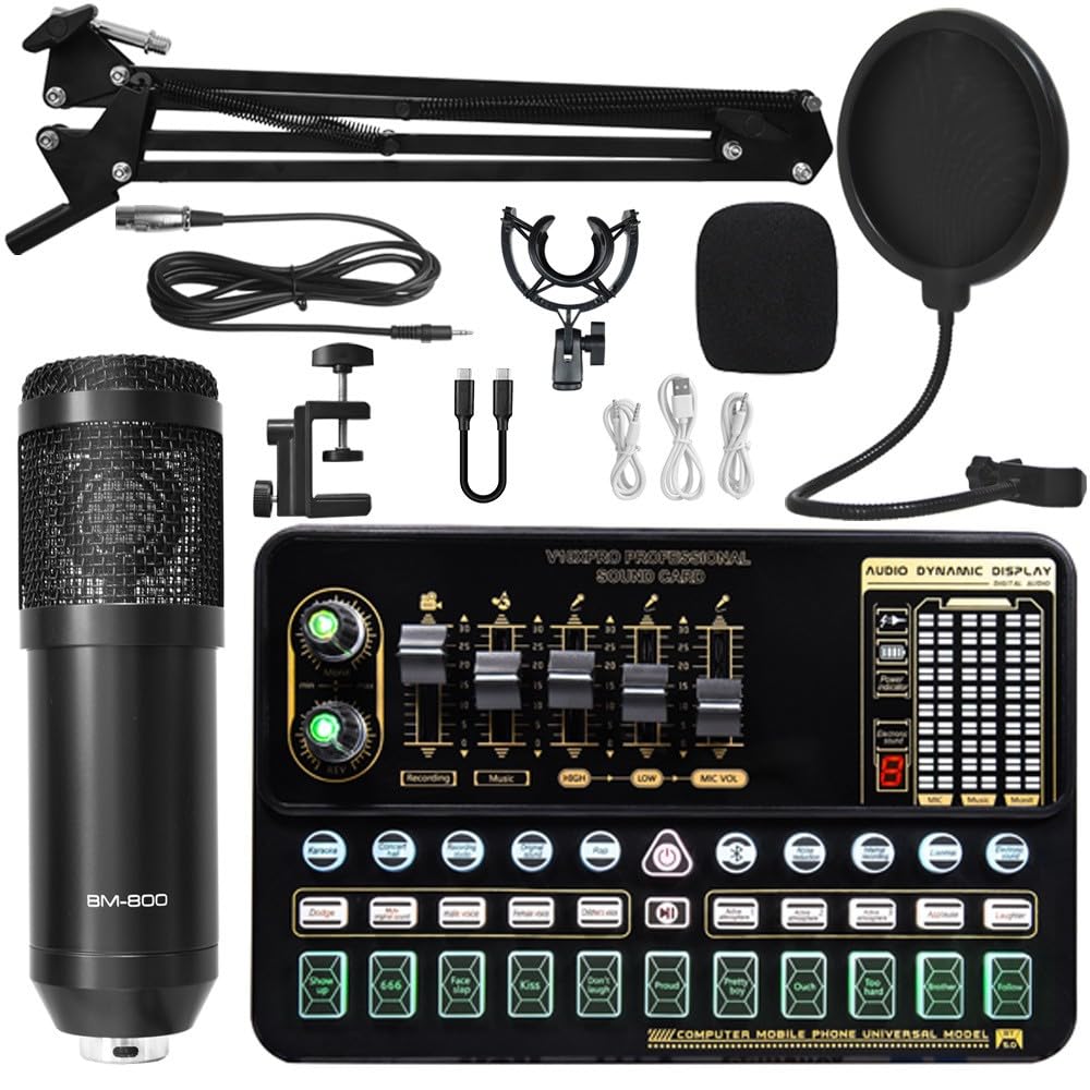V10 Sound Card Set mit M800 Kondensatormikrofon – Professionelles Live Streaming, Karaoke & Podcasting Set, Dual Mikrofone, Bluetooth, LED Anzeige, für TikTok, YouTube und PC
