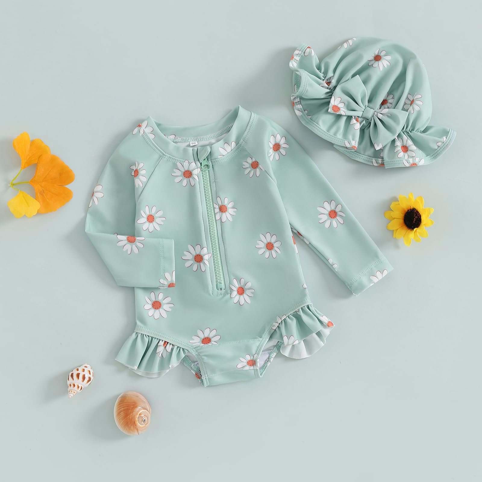 Costume da bagno 2 pezzi per bambina stampato set costumi da bagno a maniche lunghe costumi da bagno un pezzo con cappello vestito costumi 3 mesi - 3 anni