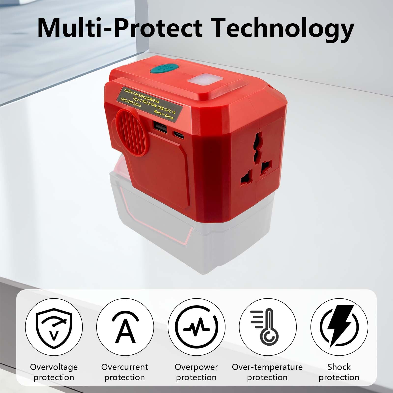 Convertitore per Einhell 18V Batterie, 200W 18V CC a 220 V CA, Adattatore Convertitore per Batterie a Onda Sinusoidale Pura con Lampada LED USB-C 200LM e Prese 230V Inverter per Campeggio
