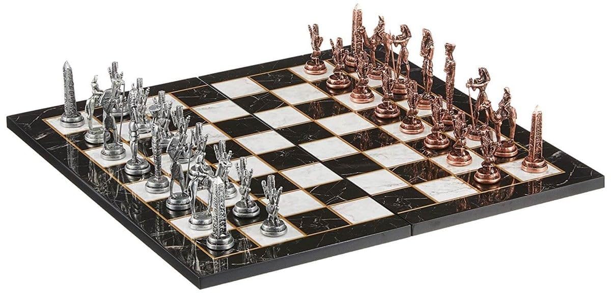 GiftHome Metal Mısır Satranç Takımı Antik ve Katlanır Mermer Desenli Tahta