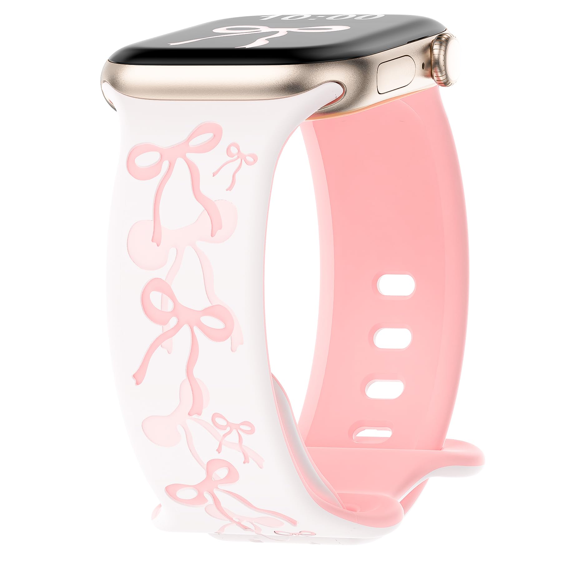 YMHML Engraved Bow & Bee Band Compatible for Apple Watch Bands for Women 40mm 42mm 41mm 38mm 44mm 45mm 46mm 49mm, Cute Silicone Dressy Pink Ribbon Strap for iWatch Series 11 10 9 8 7 6 5 4 3 SE Ultra