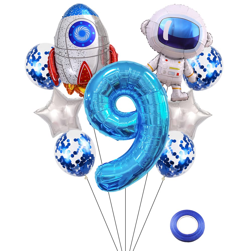 Kawailay Astronaut Rocket 9nd Birthday Party Balloons Jumbo Spaceman Birthday Balloons Outer Space Theme Foil Balloons 32 Inch Blue Number 9 Helium Balloon for Kids Birthday Party