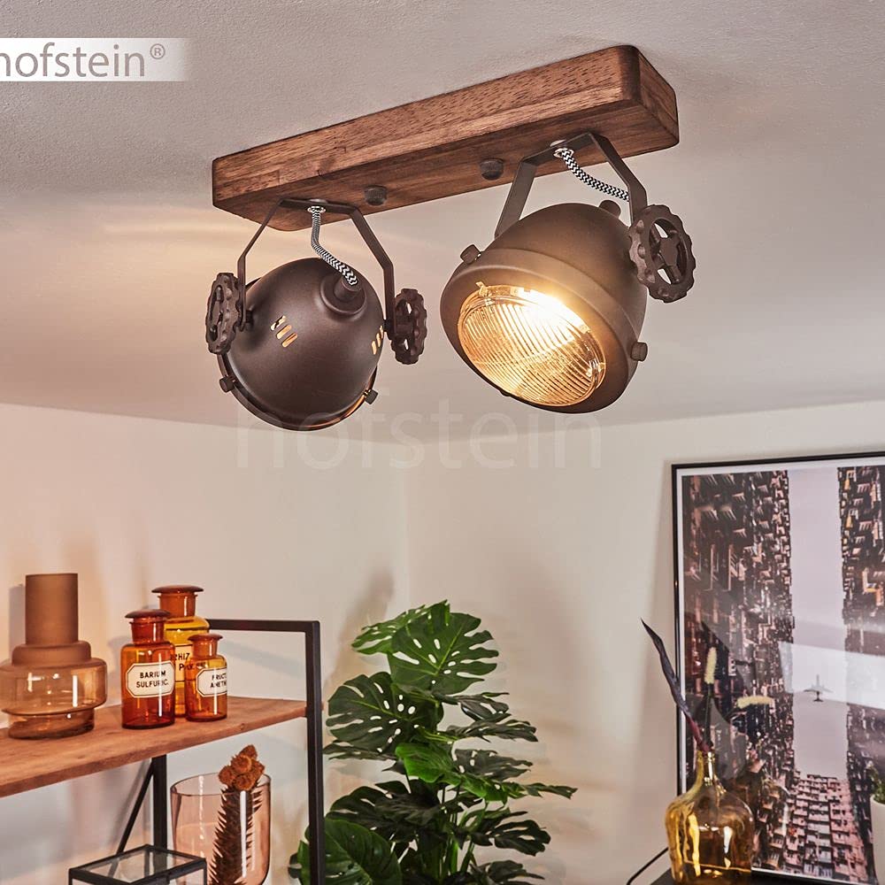 HOFSTEIN Deckenleuchte Herford, verstellbare Deckenlampe aus Metall/Holz/Glas in Braun/Natur/Klar, Leuchte im Industrial/Retro/Vinntage-Design, 2 x GU10, Esszimmmer, Schlafzimmer, Wohnzimmer, Küche