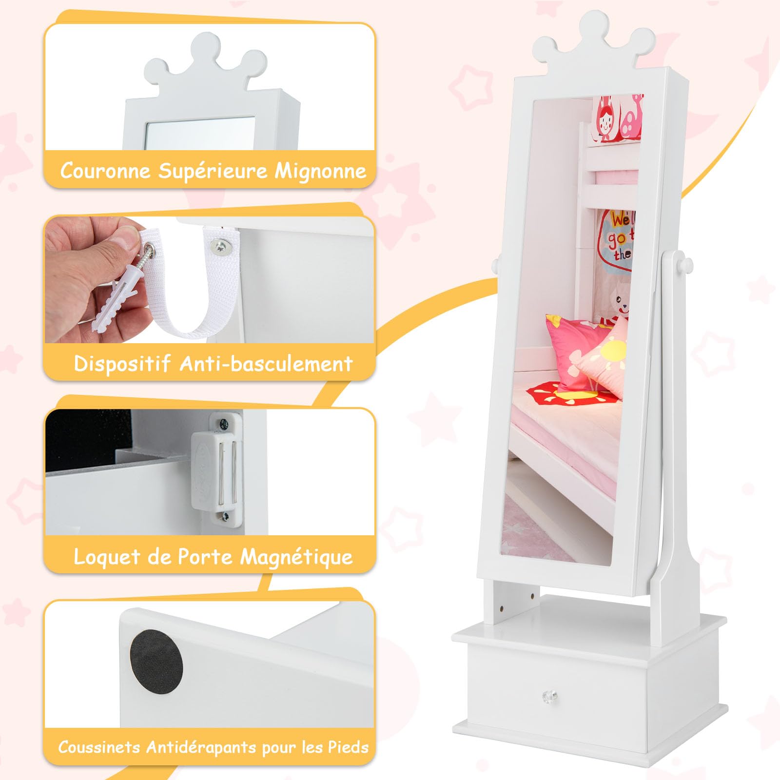 GOPLUS - Armario de joyería infantil con espejo de longitud completa, organizador de joyas con 3 cajones y 4 estantes de almacenamiento, 13 ganchos y 18 ranuras para pendientes, rosa (blanco)