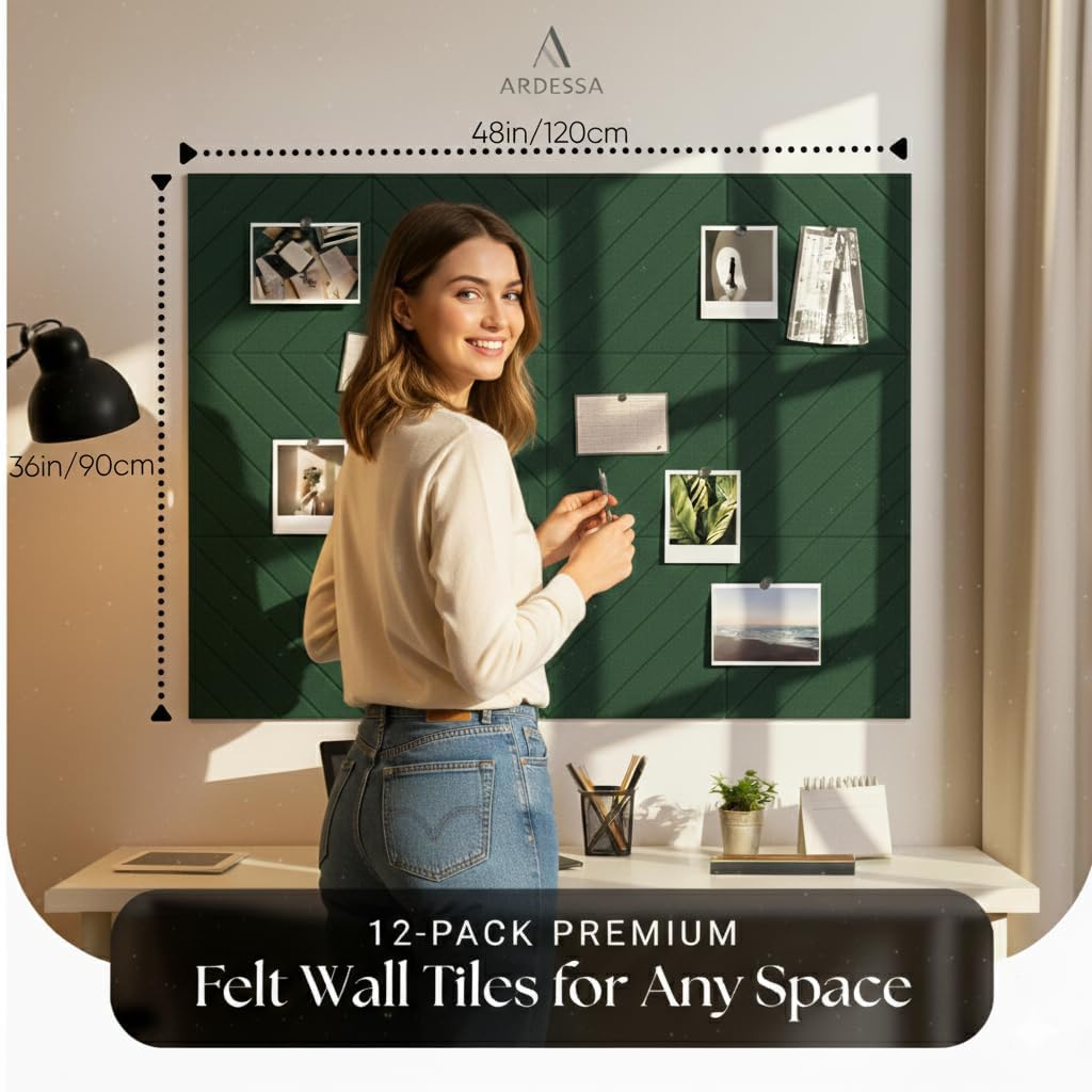 Felt Bulletin Board for Wall – Large Felt Board Tiles, 36 x 48 in Overall, Diagonal Slat Pinboard Panels with Push Pins & Adhesive Tabs for Home Office & Classroom, 12-Pack (Velvet Green)