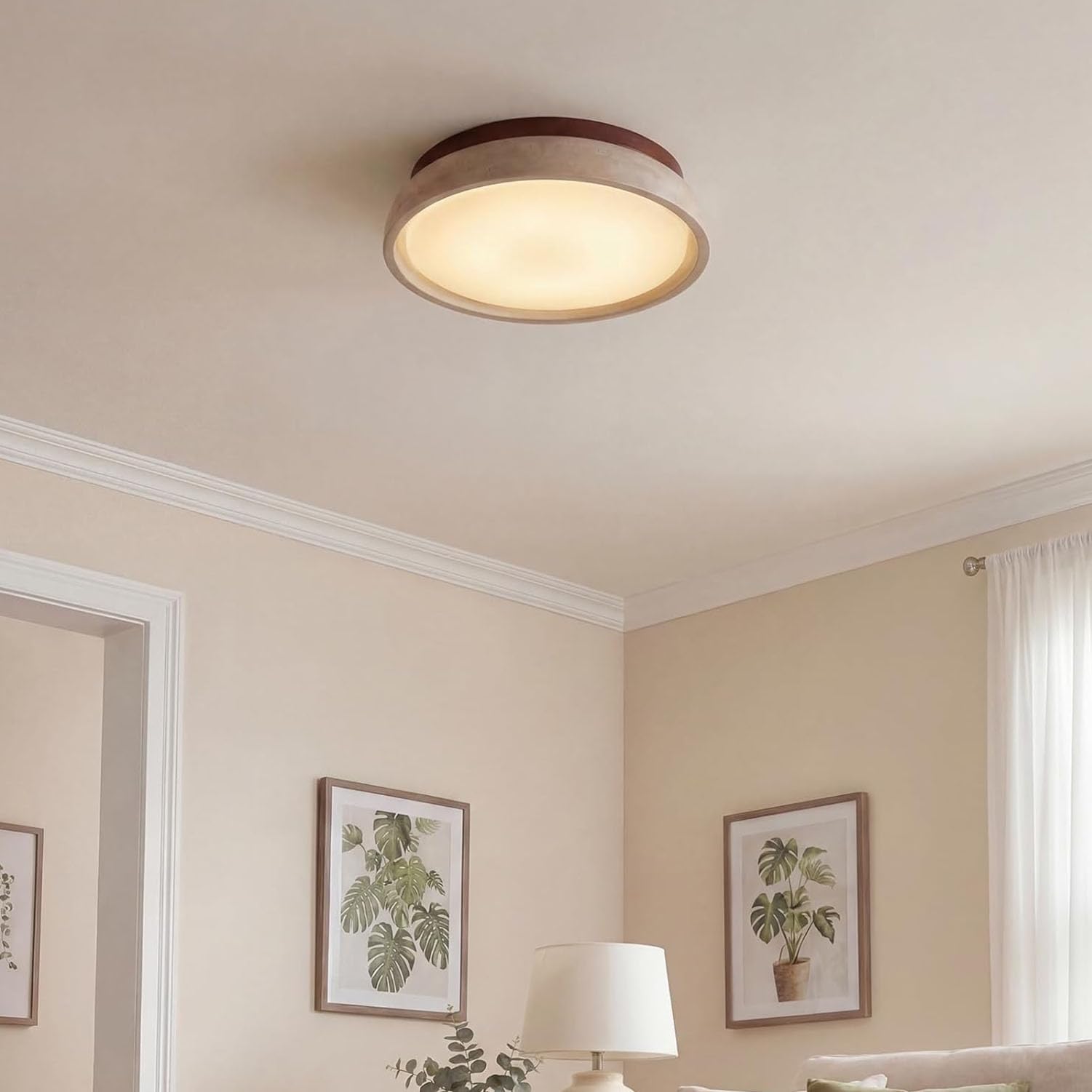 Plafón de Techo Travertino Natural – Lámpara LED de Luz Cálida Fija con Madera Maciza, Estilo Wabi Sabi Vintage para Salón, Dormitorio, Cocina, Luz cálida