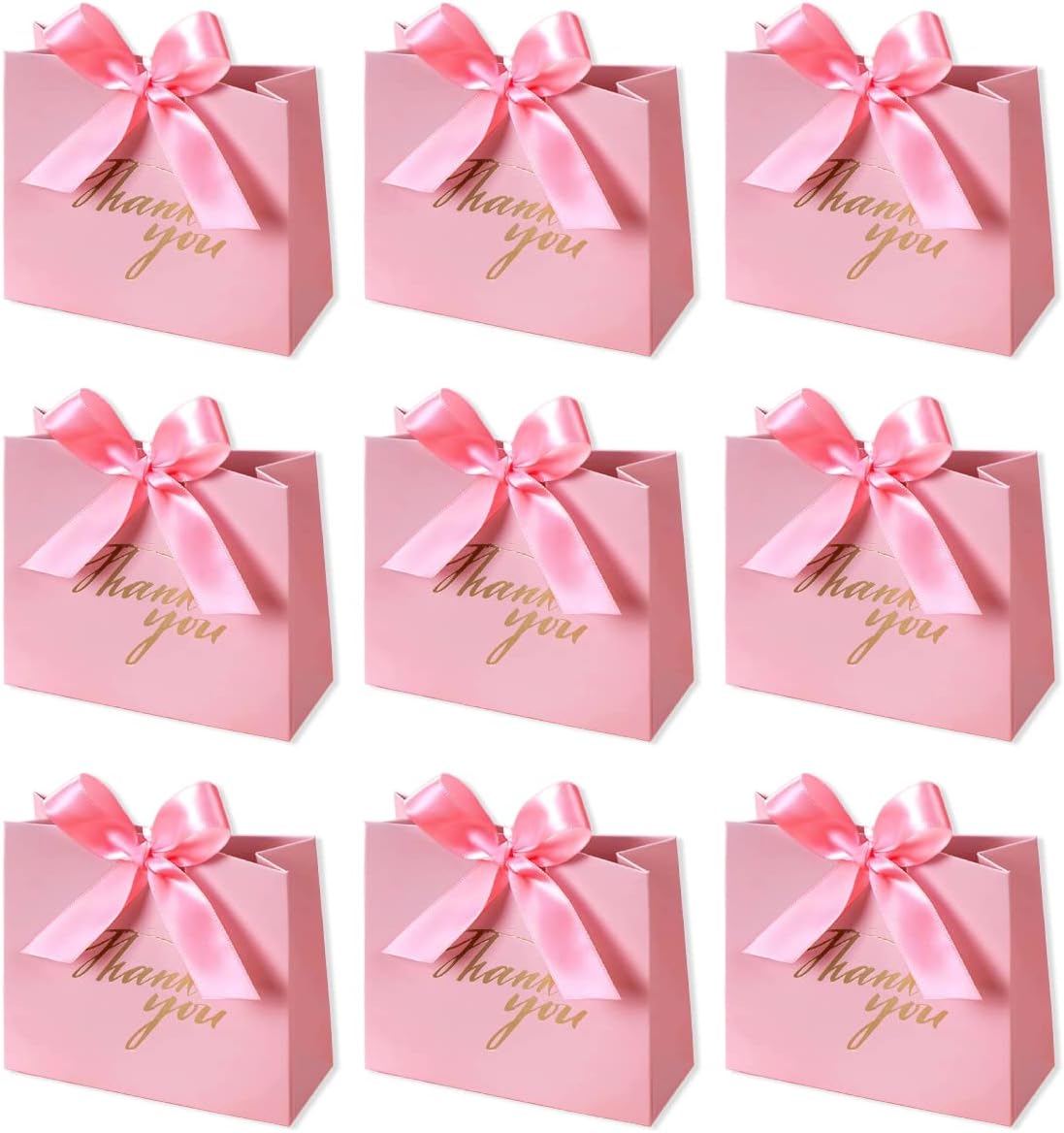 24Pack Small Thank You Party Favor Bags Treat Boxes with Rose Red Bow Ribbon, Pink Pattern Paper Gift Bags Bulk for Wedding Baby Shower Business Party Supplies