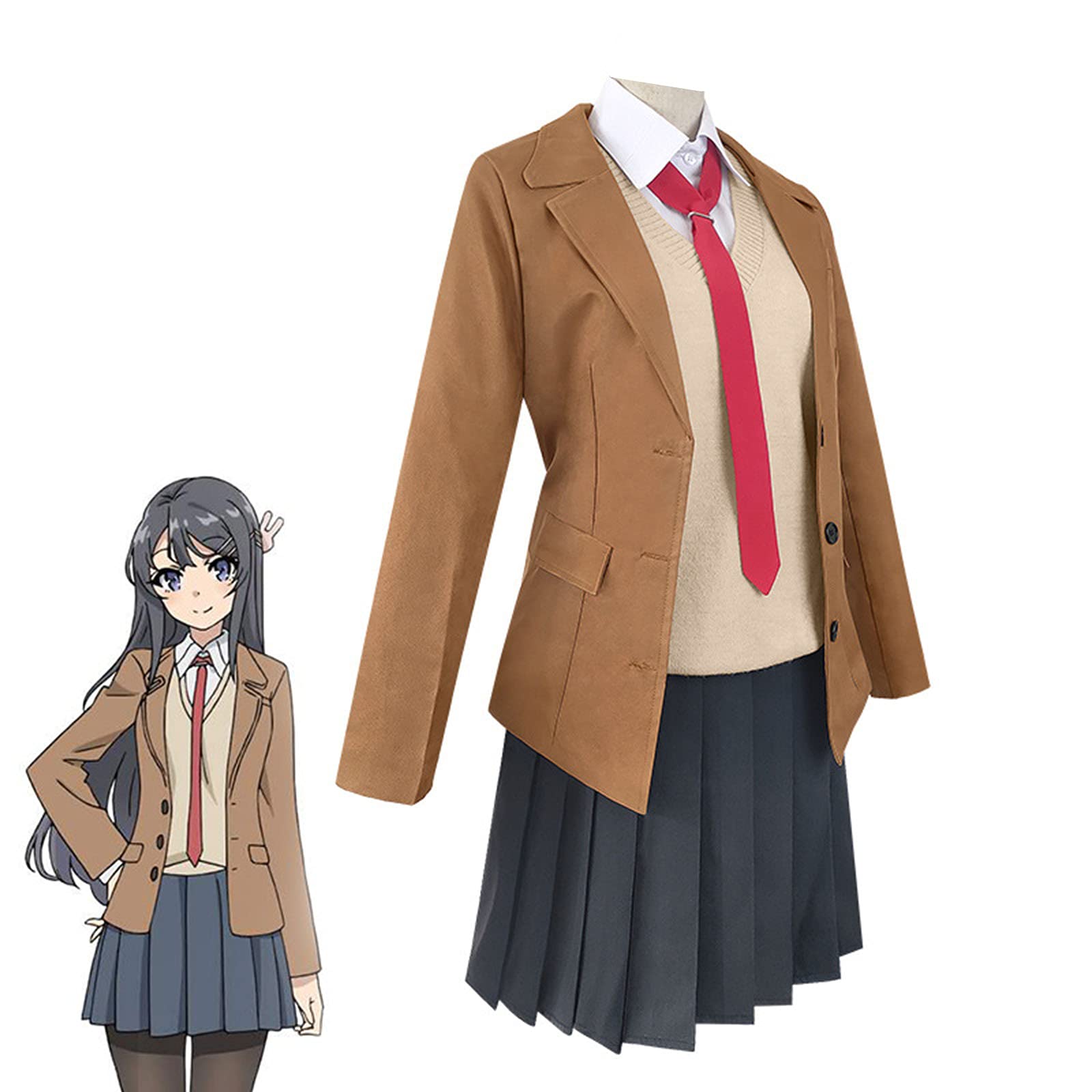 Mai kostium cosplay damski mundurek szkolny strój brązowa kurtka JK jednolita spódnica pełny zestaw z czerwonym krawatem anime cosplay Halloween Boże Narodzenie karnawał impreza odgrywanie