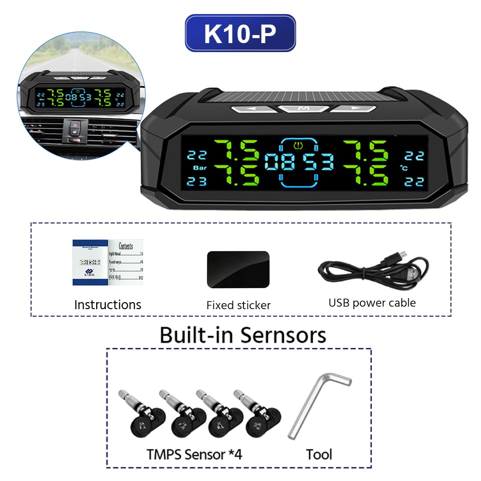 Tpms Sistema di Monitoraggio dell'Allarme della Pressione dei Pneumatici Tempo Orologi Temperatura(K10P-Built-in)