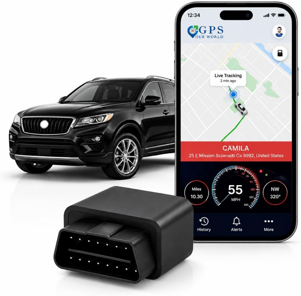 Car GPS Tracker (OBD2 Plug & Play) – 3 Months Free Trial, Real-Time GPS Tracker for Cars, 1-Year History, Speed & Driving Alerts, App Control, Global Coverage - Plans from $4.99/Month
