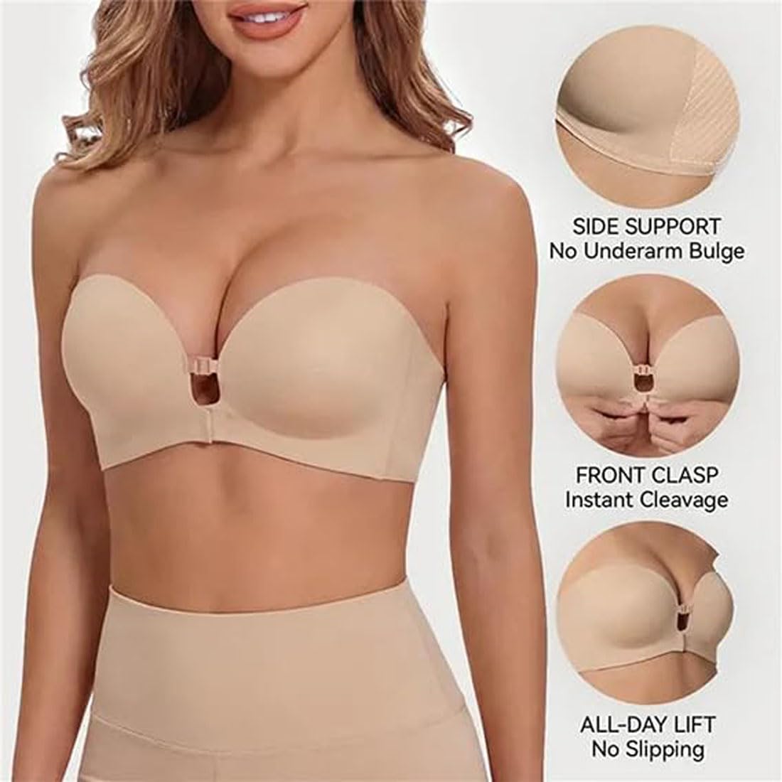 Reggiseno con Chiusura Frontale, Reggiseno Senza Spalline in Gel | Reggiseno push-up senza ferretto in gel, imbottito, fascia con doppia chiusura frontale antiscivolo, supporto quotidiano