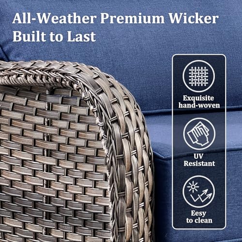 Luxury Outdoor Swivel Rocker Patio Chairs Set of 3, High Back Swivel Patio Chairs with Side Table & 6-Inch Thick Cushions, Wicker Outdoor Bistro Set for Porch, Yard, Deck, Poolside, Grey/Blue - Image 4
