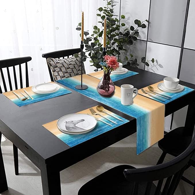 Miniatura 5 de Juego de 6 manteles individuales y camino de mesa de playa de verano con acuarela, color azul y amarillo, tropical, Hawaii, juego de tapetes de