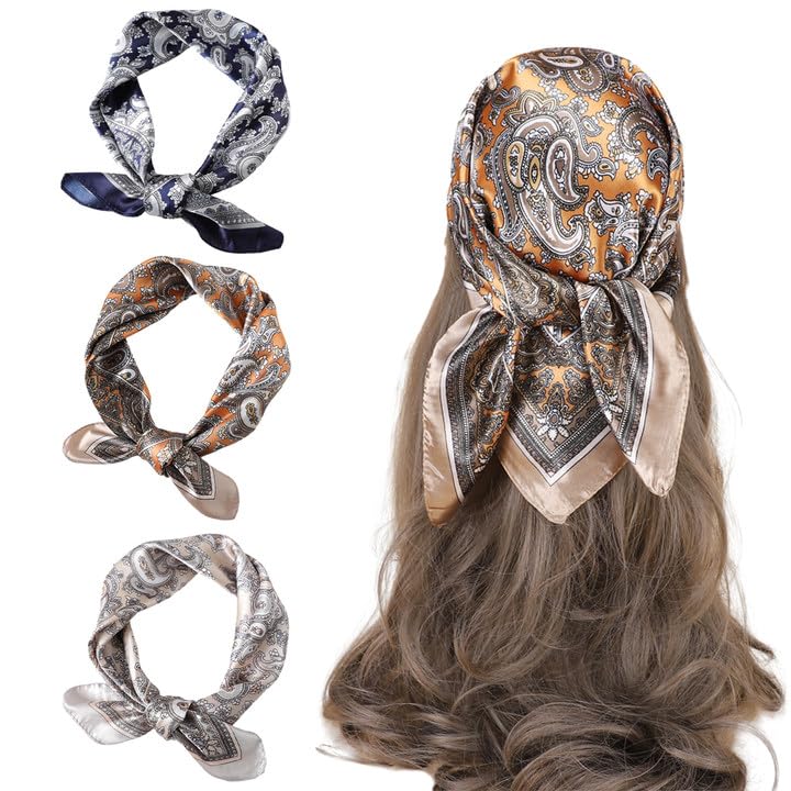 3 Pièces Foulard En Satin Pour Femme - 70x70cm Bandanas Soie Carrés Grands Pour Chapeaux, Cou, Tête, Écharpe - Style Pirate