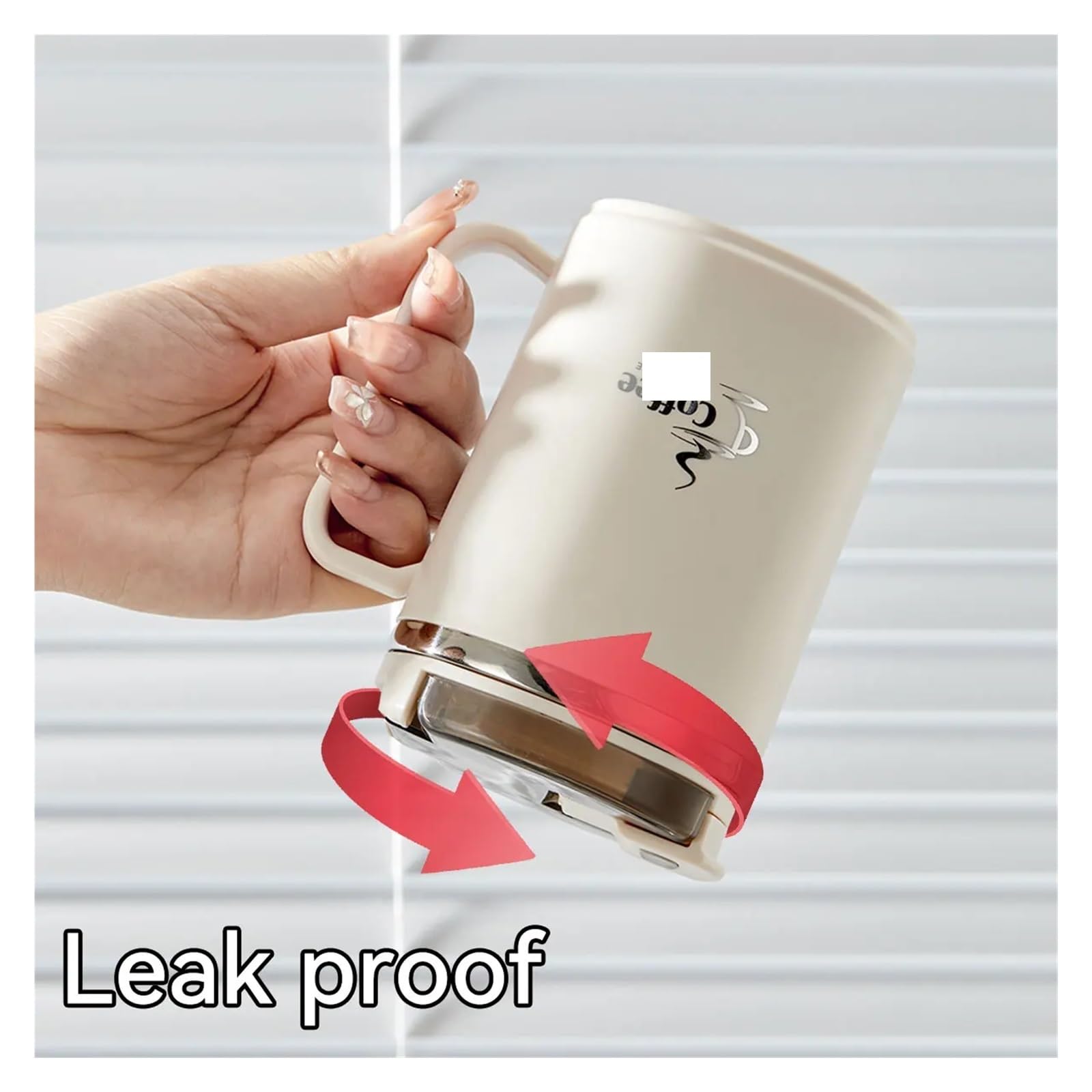 Trinkbecher aus Edelstahl 304, doppellagiger isolierter Kaffeebecher mit Klapplöffel und Sieb, wiederverwendbarer Becher für Reise, Kaffee und Tee(500ml,Beige)