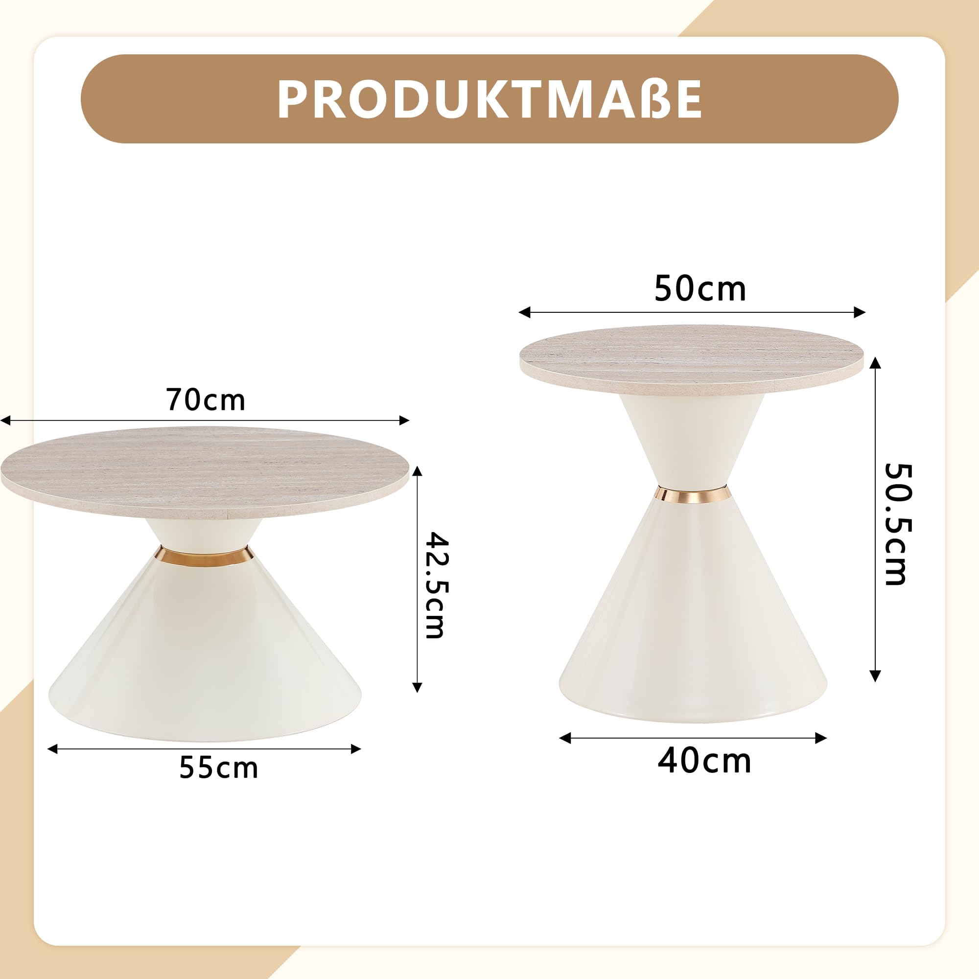 2er Set Runde Couchtische mit Steinoptik(Beige) | Modernes Couchtisch- und Beistelltisch-Set – ideal für Wohnzimmer, Schlafzimmer, Balkon, Empfangsbereich und Büro.