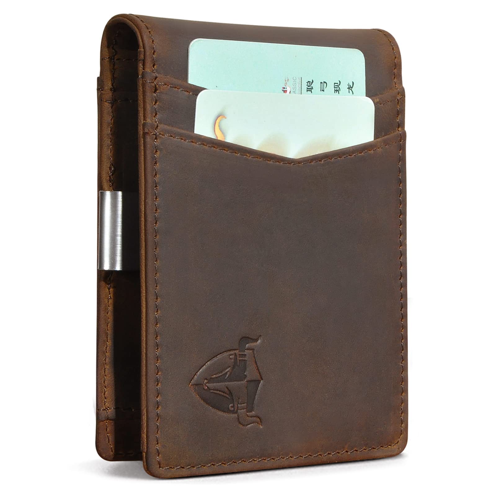 Money Clip Bifold Wallet Front Pocket RFID Blocking Card Case Holder Automatic Pop Up Wallet (A Genuine Leather Brown)