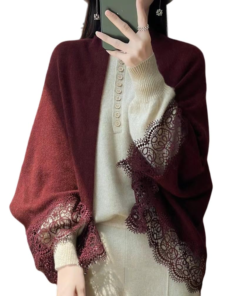 Poncho De Mujer,Chales Y Chales De Pashmina De Lana Para Mujer Cárdigans Ponchos De Punto Con Ribete De Encaje Y Empalme Elegante Bufanda De Cachemira Suave Con Mangas Suéter Abrigo De
