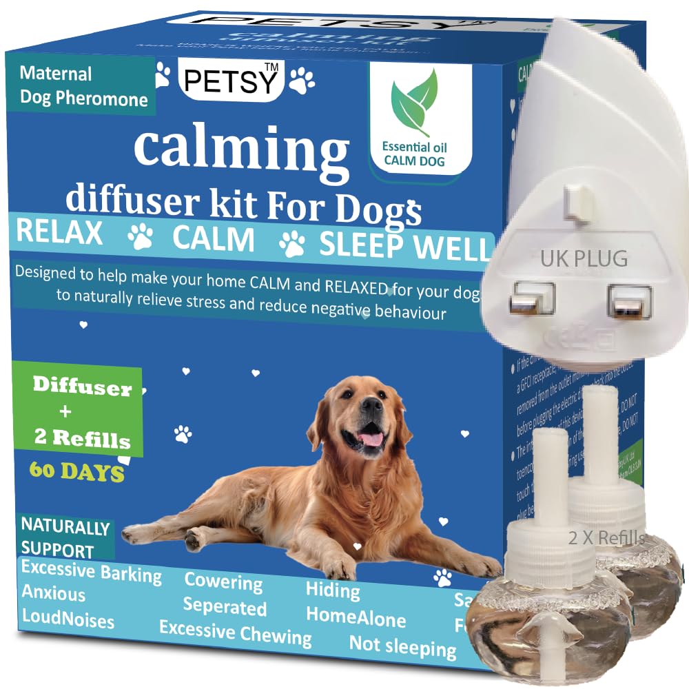 Petsy Enchufe CALMANTE para Perros Uso DE 60 DÍAS difusor calmante para Mascotas ACEITES Esenciales Enchufe para aliviar el ESTRÉS del Perro Enchufe calmante para Perros Enchufe con feromonas Enchufe