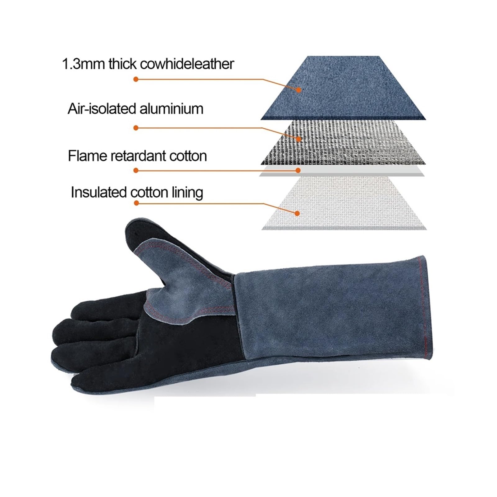 Guantes Soldador Guantes de soldadura 16 pulgadas for trabajos soldador, parrilla, barbacoa, estufa leña, horno, guante grueso cuero vaca resistente al calor, 1 par