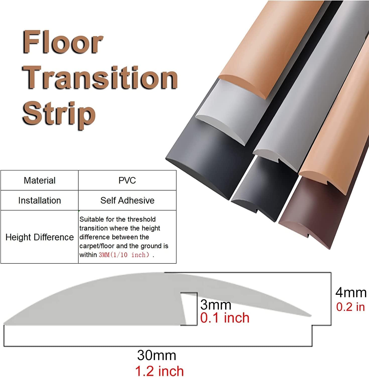 Floor Transition Strip Walkers Entry Ramp, PVC Carpet and Floor Stair Edging Strips,Threshold Transition self Adhesive,Flexible Rubber molding Height Less Than 3mm (Color : Black, Size : Length 39"/