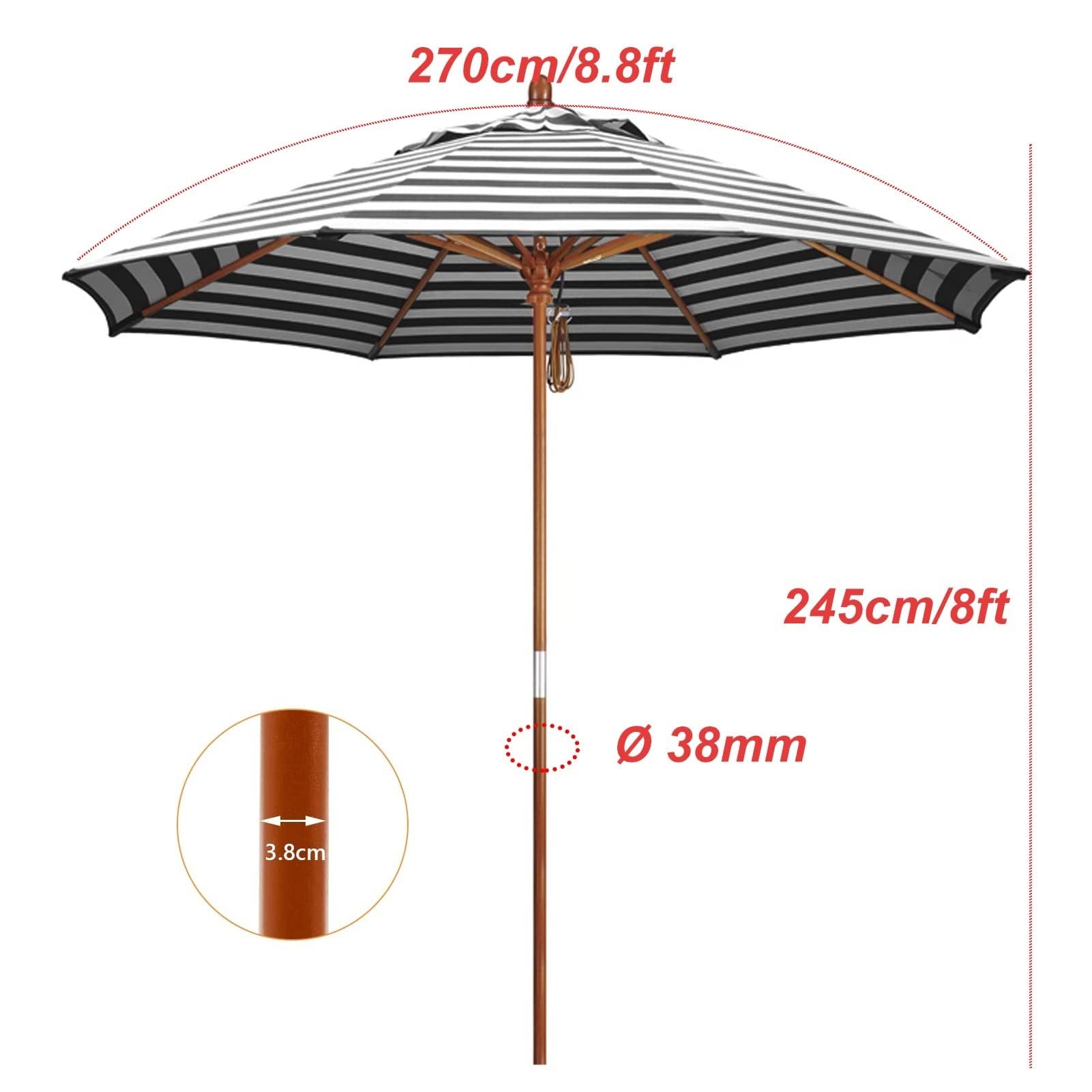 2,7m Drewniany parasol ogrodowy, 8 żeber na zewnątrz Patio Beach Sun Shade Canopy, Parasol w pasie z systemem koła pasowego do basenu, tarasu, patio i balkonu