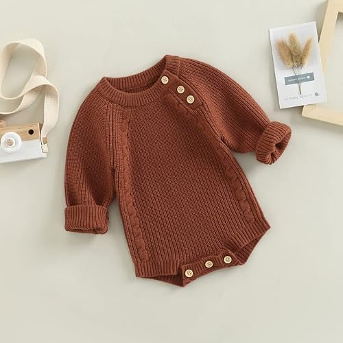 Fybitbo Newborn Infant Baby Girl Boy Knit Sweater Romper Pullover Sweatshirt Onesie Fall Winter Clothes For Boy Girl (B-Brown,6-12 Months) #TOP1