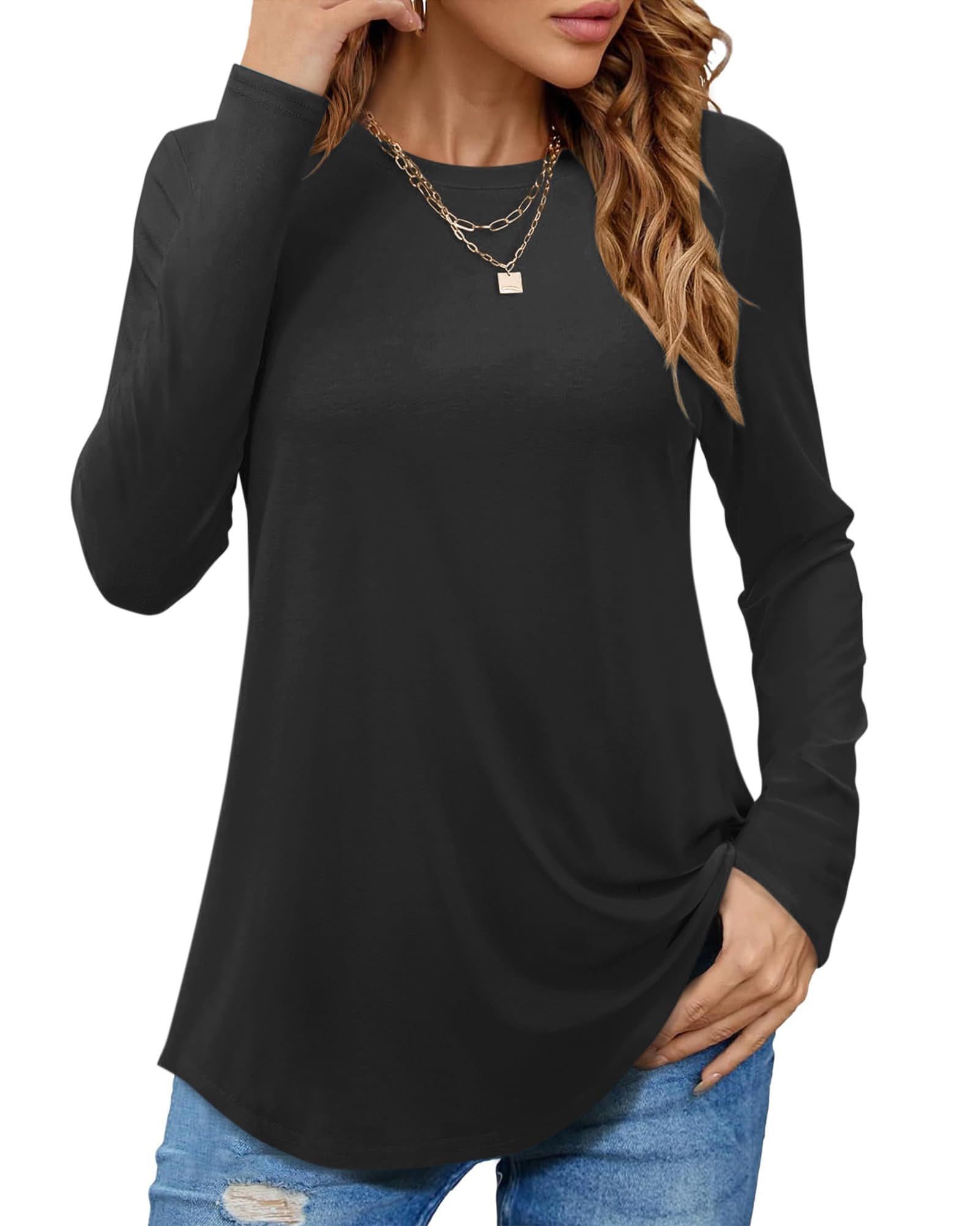 PLOKNRD Langarmshirt Damen - Herbst Rundhals Langarm Oberteile Elegant T-Shirt Tunika Tops