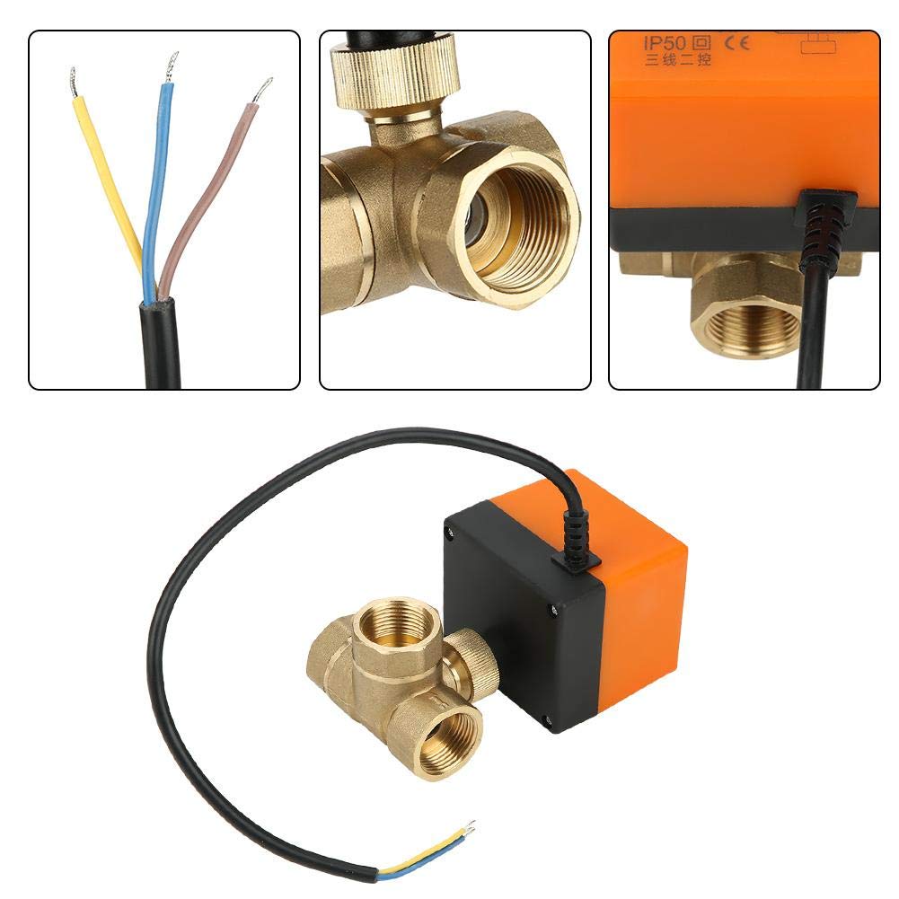 Vanne Motorisée DN20 G3/4 DC 24V, Vanne à Boisseau Sphérique Électrique 3 Fils en Laiton, Tige Acier Inoxydable 304 pour Climatiseur et Ventilo-Convecteur
