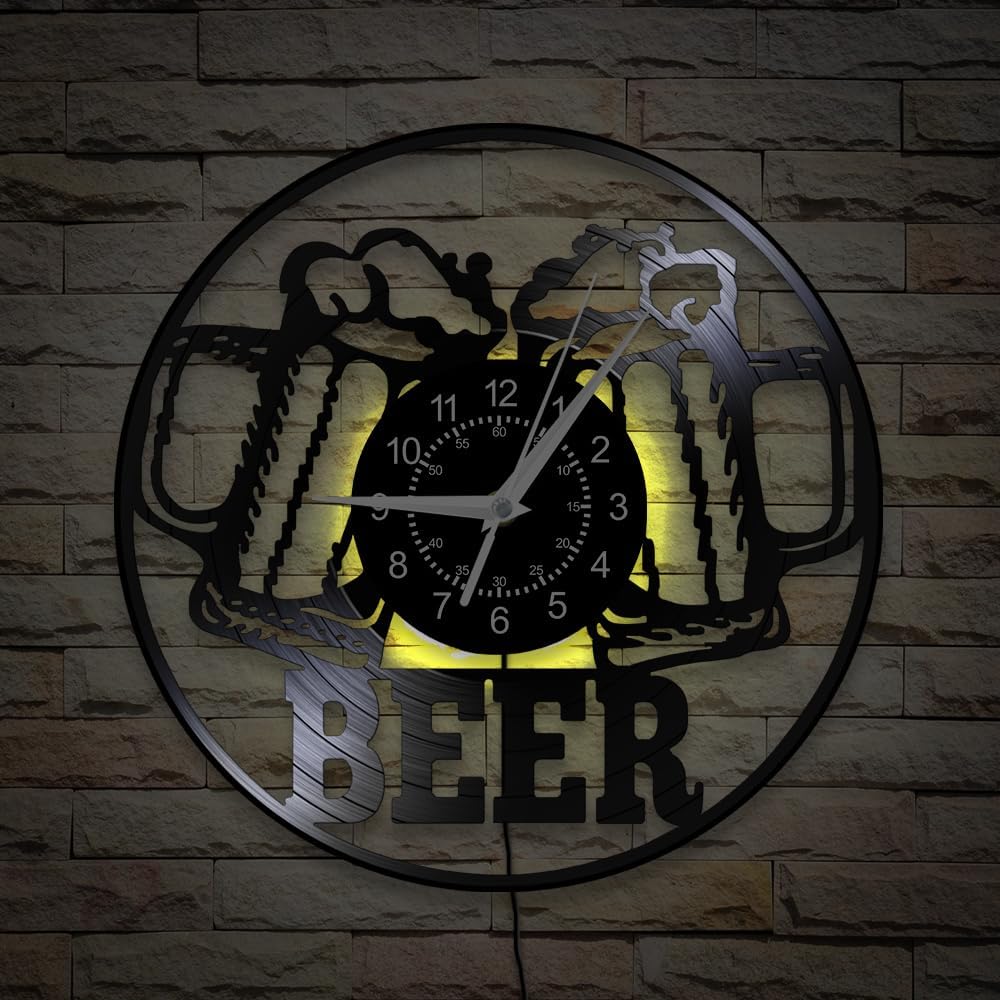 Bar Clock, 12 Inch 7 Colors LED Man Cave Vinyl Record Wall Clock Vintage Decorative Kitchen Beer Drinking Wall Clock Silent Movement Drink Gift for Home Bar Pub Club Winery Garage