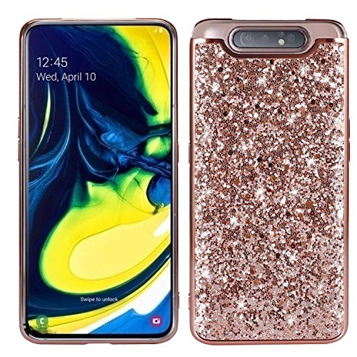 WIWJ Samsung Galaxy A80 Glitter Case,Soft Silicone Case Glitter Sparkle Sequins Rhinestones Glossy Case Soft Protective Shell Gel TPU Diamond Bumper Back Cover Female Shell -Rose gold