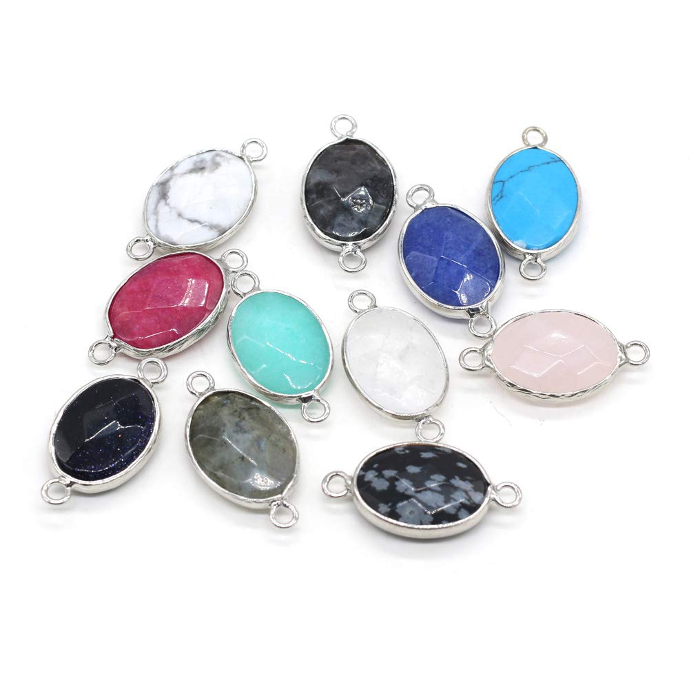 LHJ10 Pcs Natural Stone Pendant connectors Egg Shape Faceted Mixed Crystal Agate Stone Link Charms for Jewelry Making Necklace Earrings