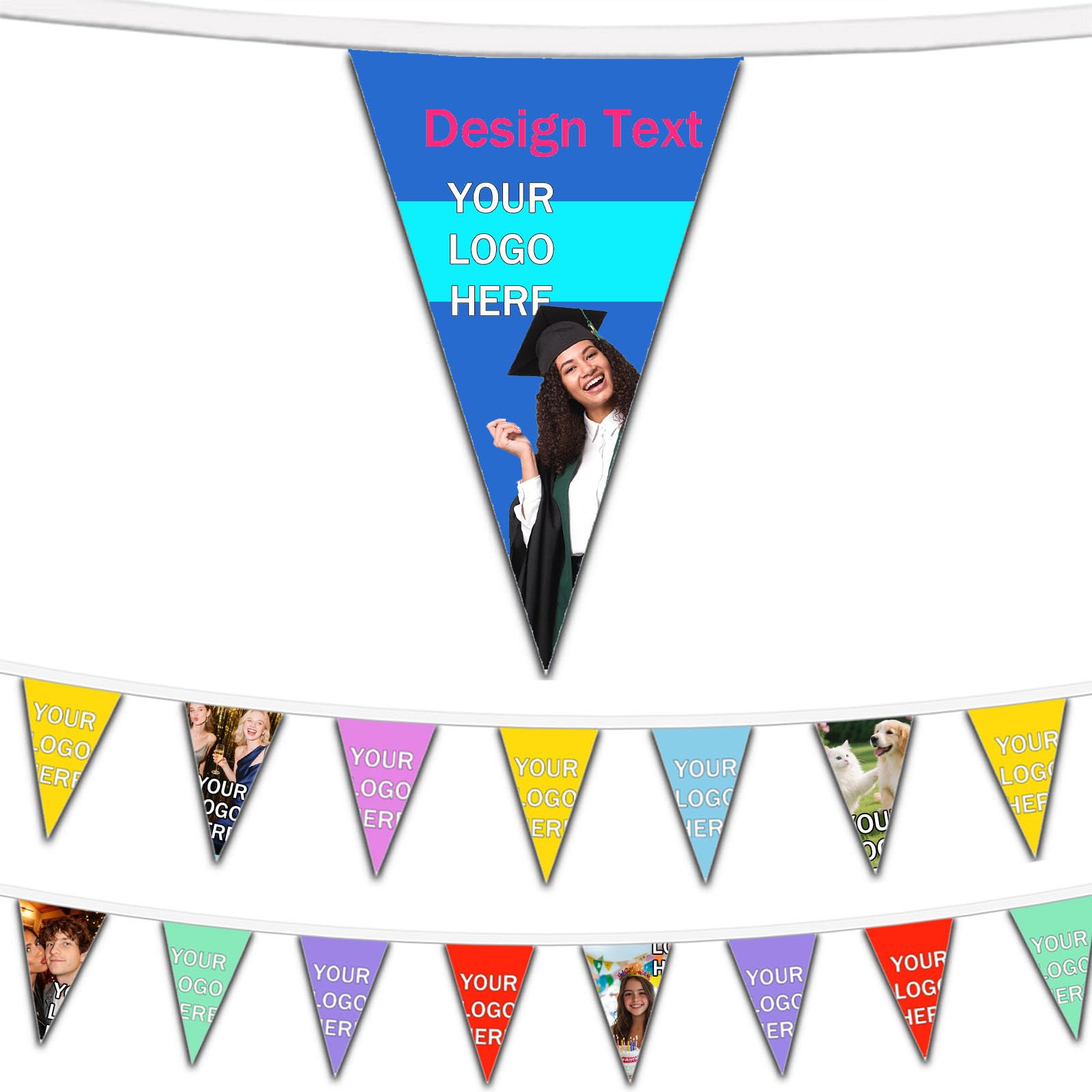 Personalised Bulk Flags Banner|Custom Colorful Flags Banner with Text/Logo|Multicolor Assorted Shapes|Suitable for Birthday Parties Celebrations,retail &commercial decor (Triangle Pennant)