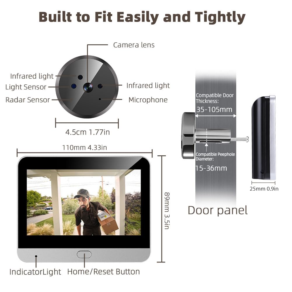 Detección por Radar, Mirilla Digital Inteligente para Puerta con Cámara 2K Gran Angular 140°, Visión Nocturna Infrarroja, Micrófono Integrado, Pantalla a Color 4,3", Batería 5000 mAh con Wi-Fi 2,4 GHz