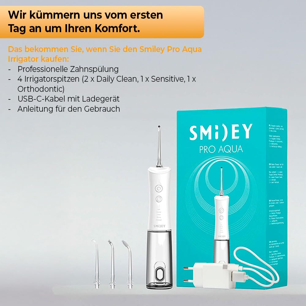 SMILEY Pro Aqua Munddusche Kabellos Zahndusche | Elektrisch Zahnreinigung Zahnzwischenraumreiniger Irrigator Zähne | Waterflosser Zahnreinigungsset Zwischenräume Zahnspülung Gerät mit 4 Tipps