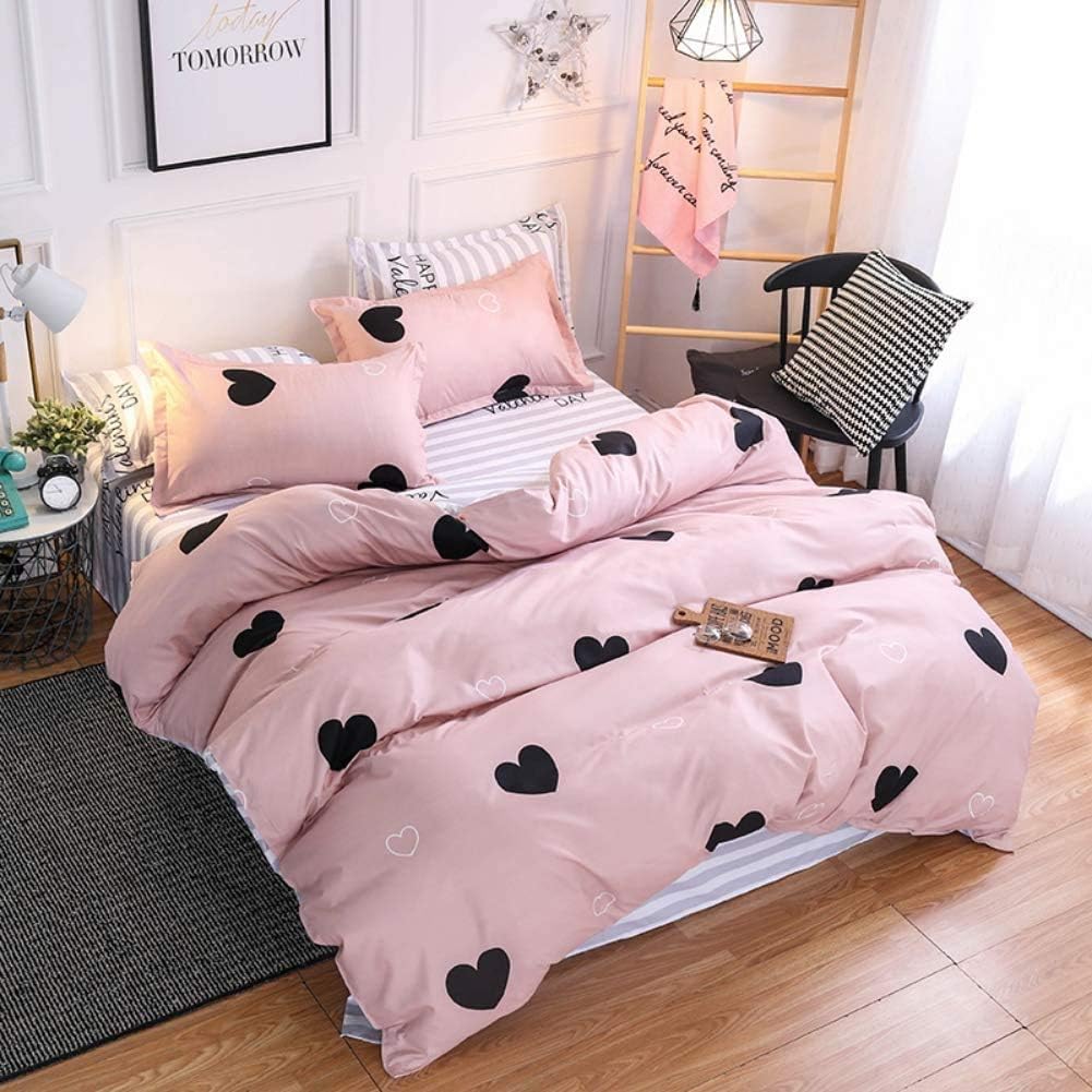 Loussiesd Hearts Bed Linen 135 x 200 cm Pink Children’s Bed Linen Teenager Girls Reversible Hearts Stripes Bed Linen Set 100% Microfibre Duvet Cover Set with 1 Pillowcase 80 x 80 cm