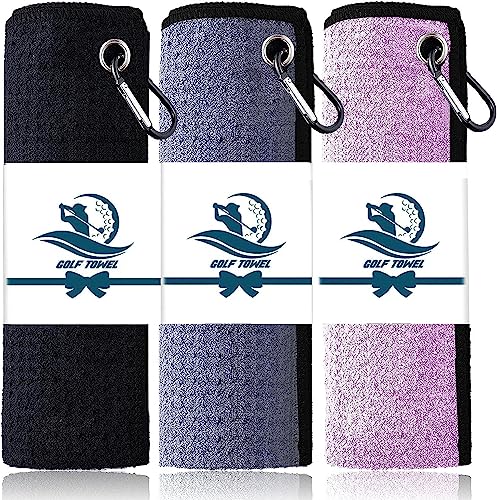 Finger Ten Golf Towel Microfiber Waffle Towels For Golf Bags For Men Women With Clip 15.7’’X15.7’’ Set In Gray Black Purple (Black&Gray&Purple, 15.7''X15.7'') #TOP21