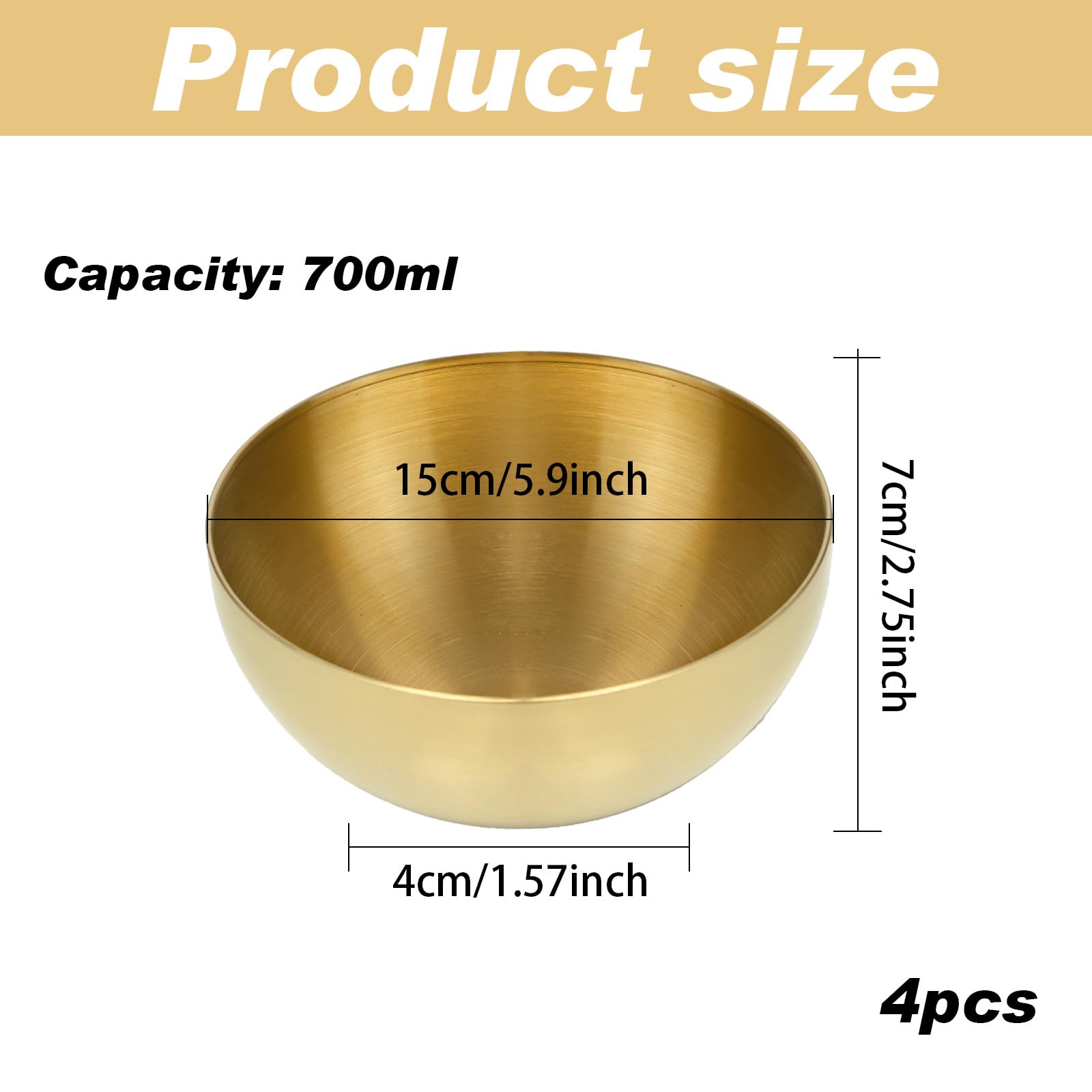 4 Pezzi Ciotole Oro 15 cm Ciotole Coreane Acciaio Inox Dorato Ciotola Insalata Oro Ciotola Cucina per Ramen Insalata Zuppa Frutta (15 x 7 cm)